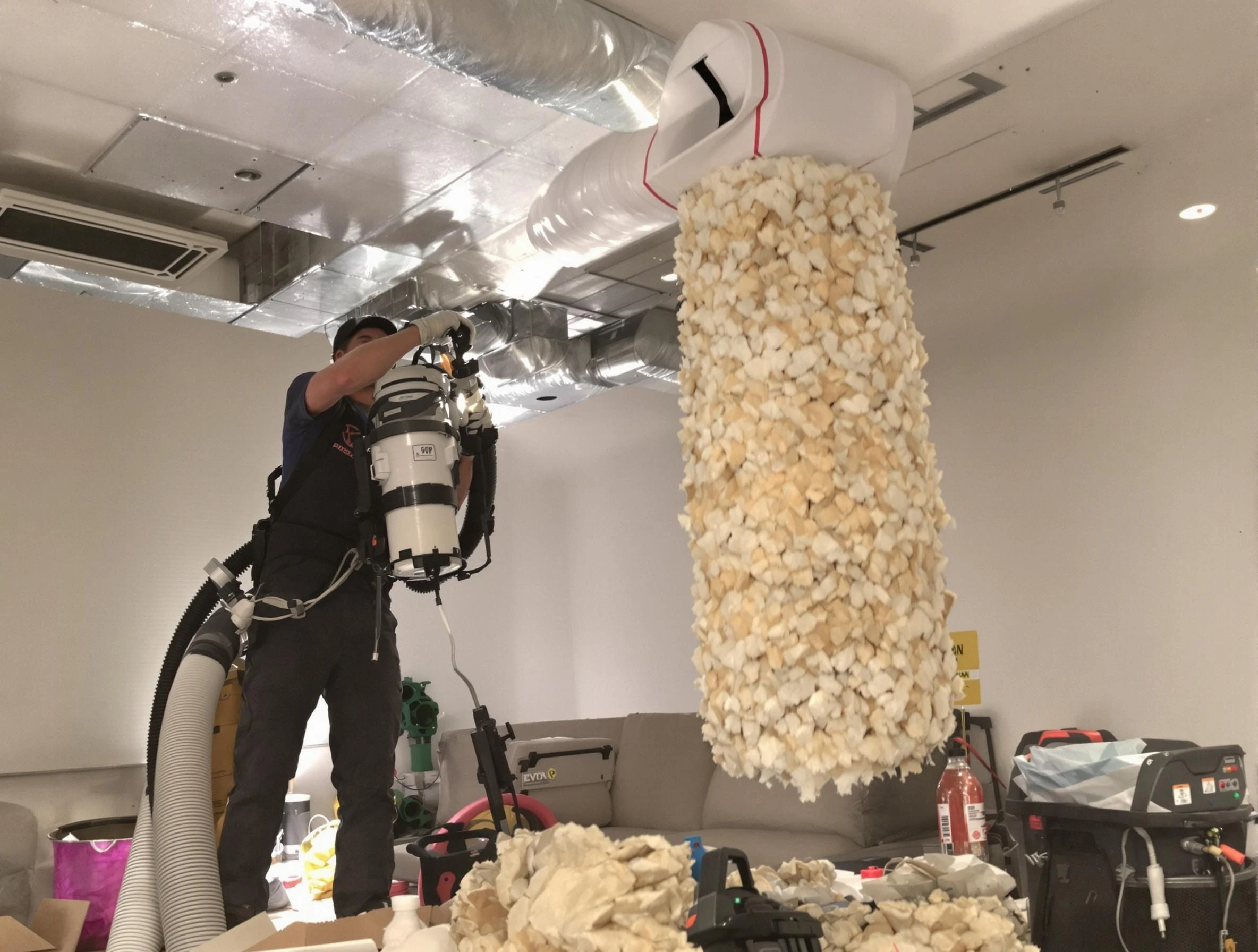 Kaysville Air Duct Cleaning technician performing precision vacuum insulation removal in a residential property in Kaysville